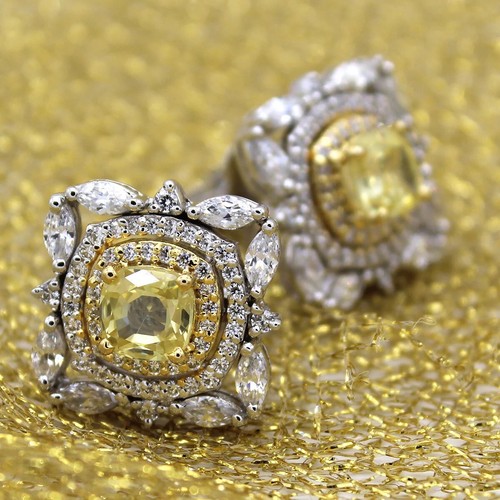 Double Halo Lab Created Diamond Yellow Wedding Drop Earrings 9k White Gold - Picture 7 of 7