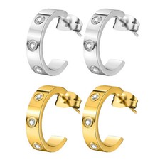 2 Pairs Half Circle Hoop Cubic Zirconia Stud Earrings Steel for Women Girls 18G