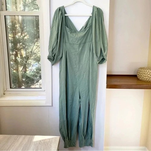 New Free People Lotta Love Jumpsuit Romper One Piece Puff Sleeve Green Large - Picture 5 of 11