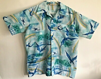 Vintage Landmark Men's L 16-16 1/2 Hawaiian Aloha Bird Palm Moon Rainbow Shirt 