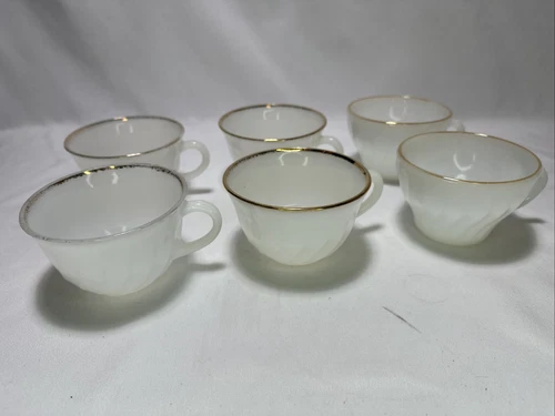 Anchor Hocking Fire King Milk Glass Swirl Gold Rim Tea Cup Vintage Read Desc