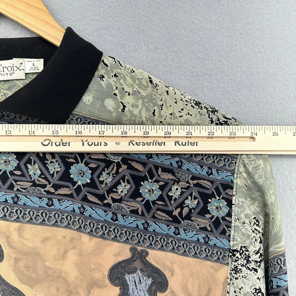 VTG St Croix Knits Long Sleeve Polo Shirt Black Collar L All Over Print Viscose - Image 4 of 4