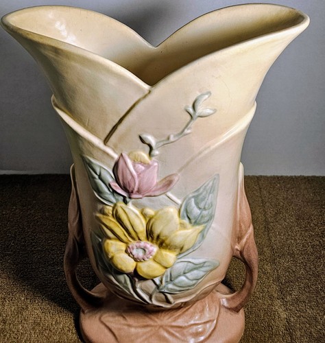 Hull USA Art Pottery Double Handle Magnolia Pastel Vase MCM 11” UV Glow READ - Picture 3 of 15