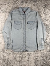 Levis Denim Shirt Mens Medium Blue Sawtooth Cowboy Western Pearl Snap