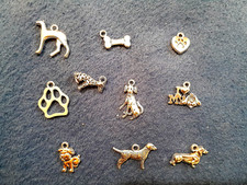 10 Dog Charms Puppy Pendants Assorted Charms Lot Paw Print Antiqued Silver Mix