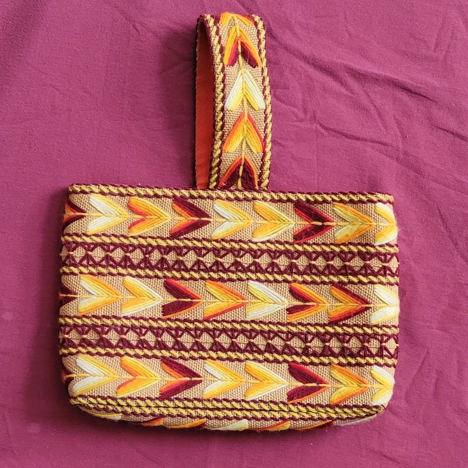 Bolso de Mano BOHO Tejido Yute Bordado Arpillera Años 60-70 - Colores Cálidos Otoño Foto 2 de 4