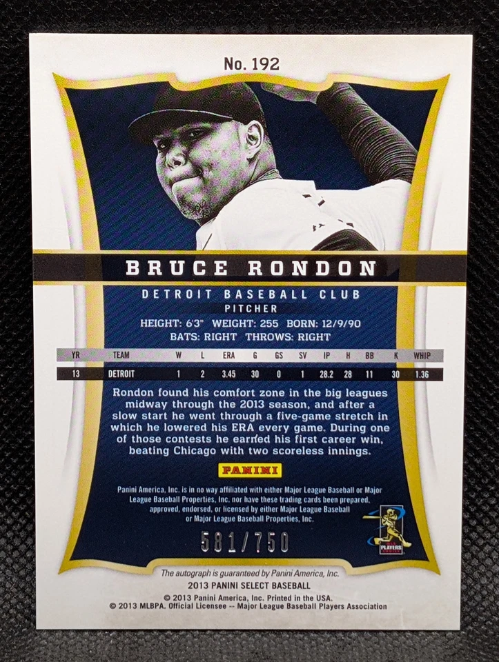 2013 Panini Select #192 Bruce Rondon Rookie Auto /750 - Image 2 of 2