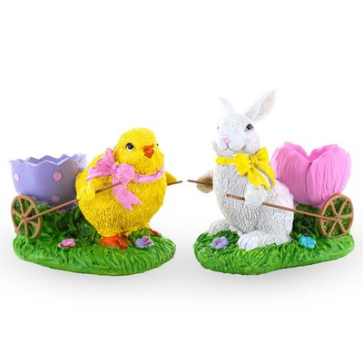 BestPysanky Set of Chick and Bunny Carrying Easter Egg Holder Figurines 5 Inches