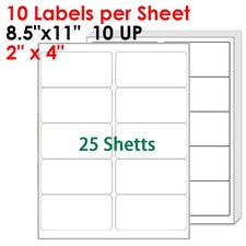 250 2" x 4" White Self Adhesive Mailing Postage Shipping Labels 10 Up 25 Sheet 