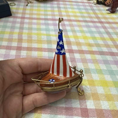 Pierre Arquie Limoges Peint Main Trinket Box American Flag Boat