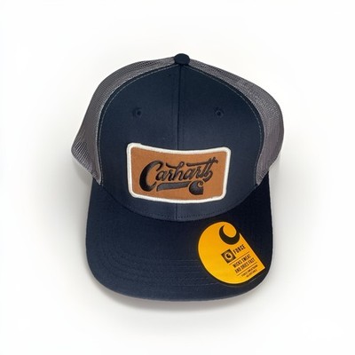 Carhartt Men's Hat, Logo Patch Mesh-Back Script Cap  Adjustable Fit, Navy -Gray