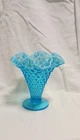 Vintage Blue Opalescent Hobnail Fenton Ruffled Rim Small Pedestal Vase