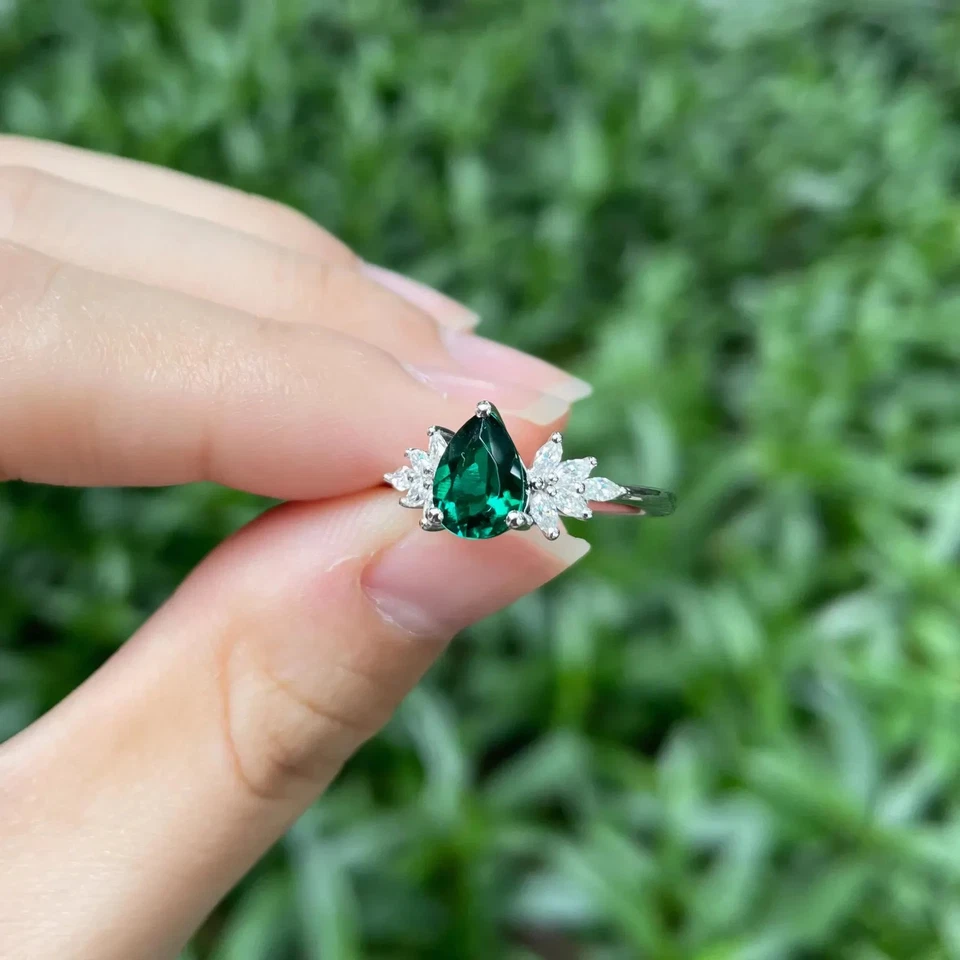 7.50Ct Natural Pear Emerald Gemstone Diamond Ring 14K Real White Gold Size 5 6 7 - Image 3 of 4