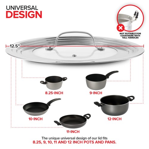 Universal Lid with Tempered Glass Top for Pots & Pans, Fits 8.25, 9, 10, 11, ... - Picture 2 of 8
