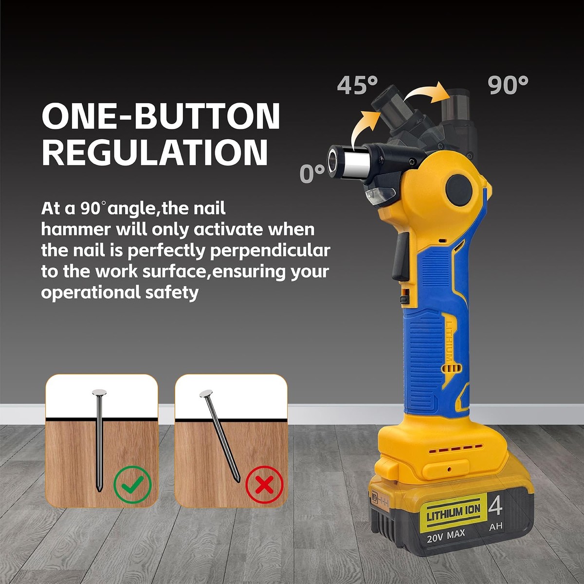Cordless Palm Nailer For DeWalt 20V Batteries – Brushless Auto Hammer, 0-90° Adjustable Head, Magnetic Tip, LED Light (Tool Only)