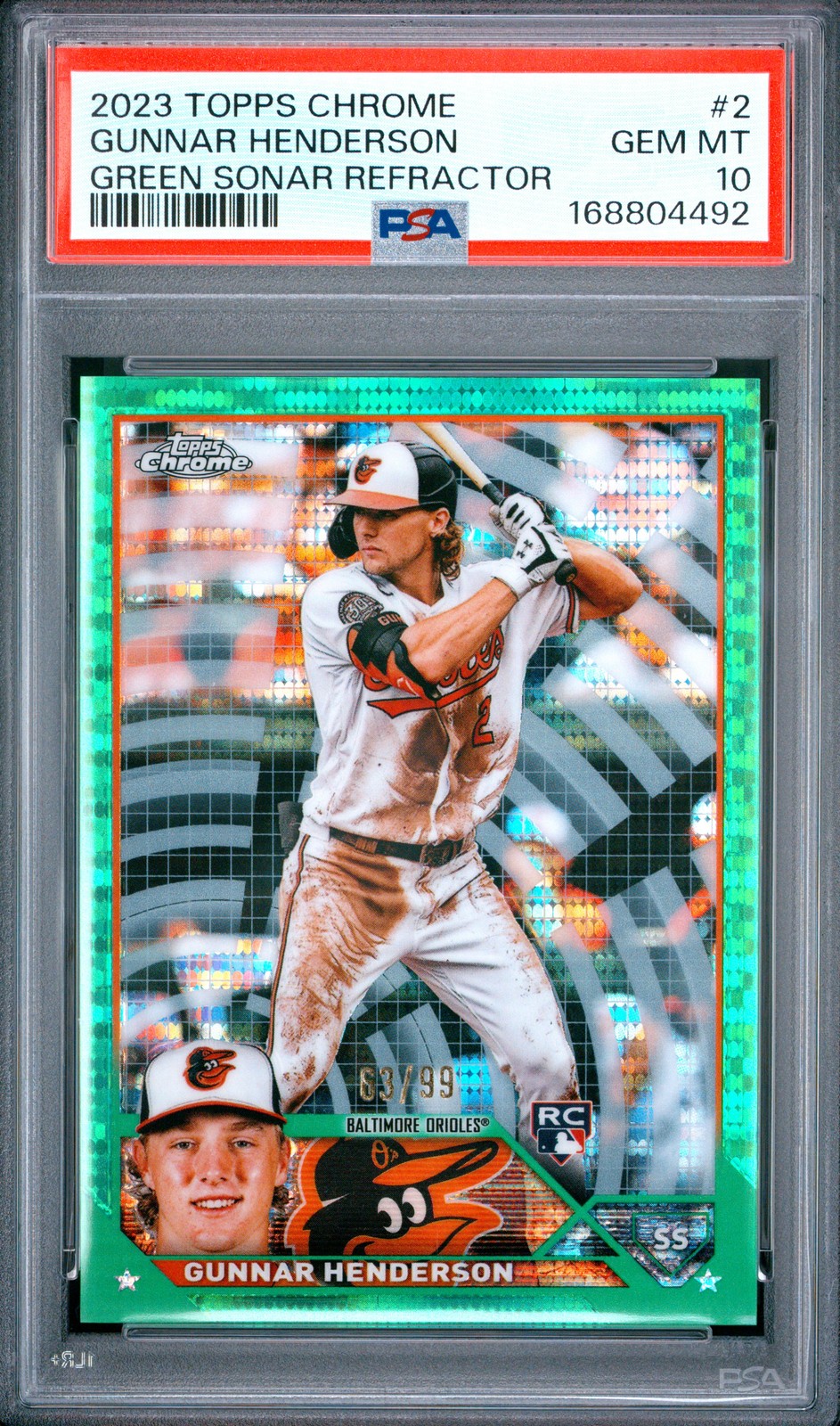 2023 TOPPS CHROME GREEN SONAR REFRACTOR GUNNAR HENDERSON ROOKIE RC 63/99 PSA 10 view 1