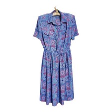 Vtg Leslie Fay Shirtwaist Dress Pleated 80's Boho Medallion See Measurements