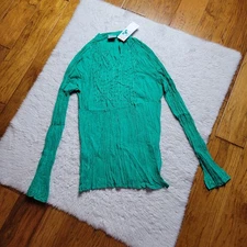 NWT Greater Good Blouse Button Up Shirt Crinkle Women's Small Green Sequins