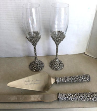Things Remembered Stainless W/ Swarovski Crystal Wedding Flutes, Knife, Spatula