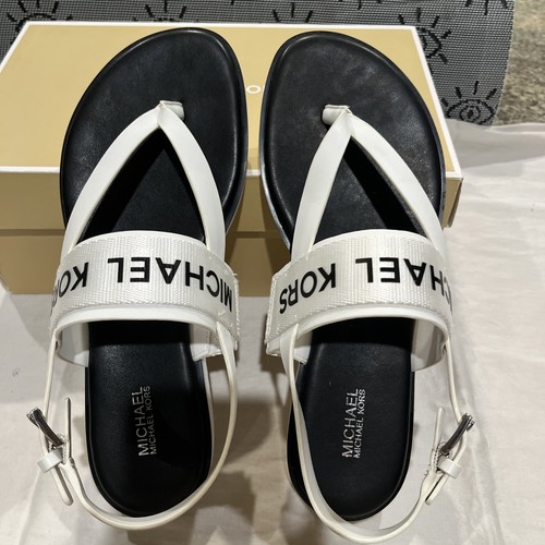 Women MK Michael Kors Theodora Flat Buckle Up Sandals Optic White/ Black Sz 8 - Picture 4 of 6