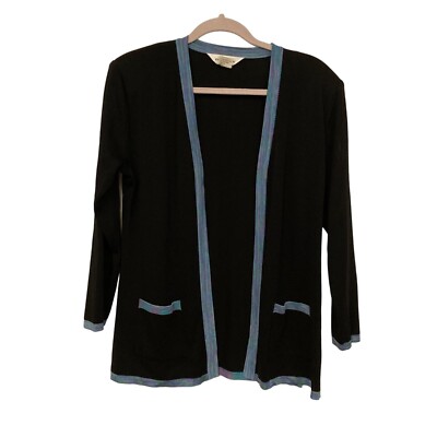 Exclusively Misook Black Open Cardigan Sweater Blue Purple Trim Pockets Sz XS