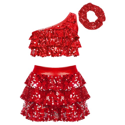 Kids Girls Outfit One Shoulder Set Skirt Suit Hair Tie Costume Ballet Dancewear - Picture 23 of 52