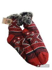 Muk Luks Winter Cabin Slipper Socks Pom Pom Cozy Fleece Maroon Size XL