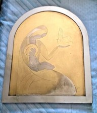 QUADRO MADONNA col BAMBINO e LA COLOMBA DELLA PACE INCISO SU OTTONE cm 24x30