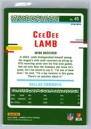 2023 Donruss Optic Ceedee Lamb Silver Holo Prizm #45 Dallas Cowboys - Picture 2 of 2
