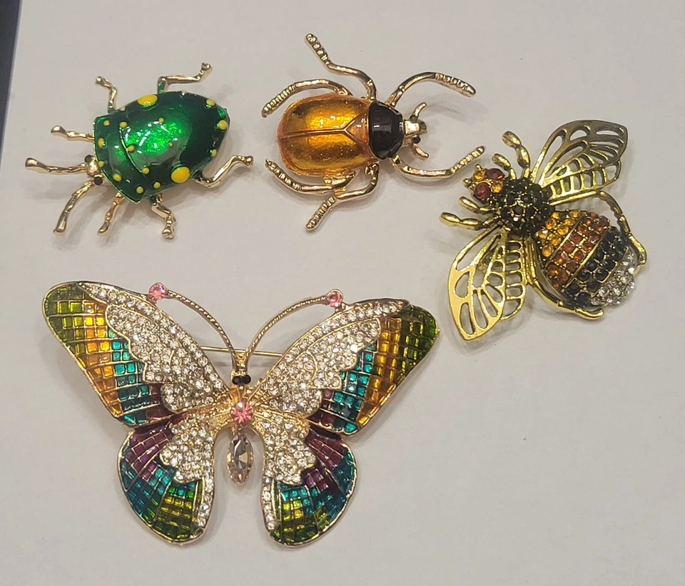 4pc Gorgeous Rhinestone Butterfly Queen Bee Enamel Beetles Brooch Pin Lot P171-2 - Image 4 of 4
