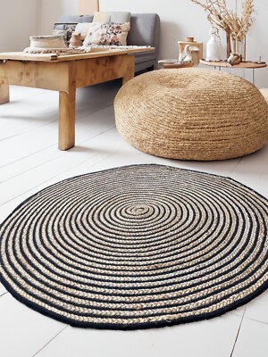 Teppich Rund Teppiche Jute Natur Schwarz Baumwollmatte Flechtstreifen Wendematten