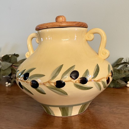 Olive Branch Double Handled Ceramic Canister Storage Jar w/ Wooden Lid - Picture 4 of 9