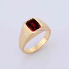 Natural Garnet & CZ Gemstones 925 Sterling Silver Gold Plated Ring For Men's #CR