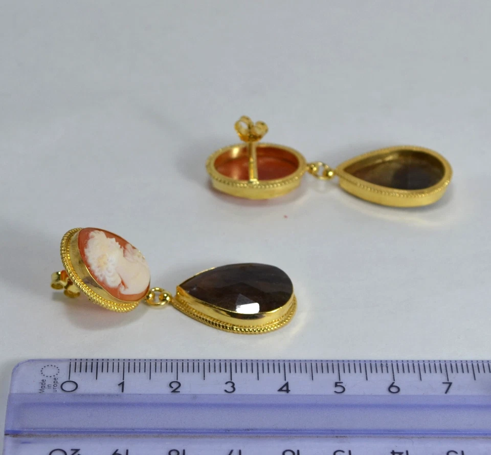 ORECCHINI ARGENTO 925 DORATO   CAMMEI CORNEOLA CORIDONI GOCCIA         AGHT 033 - Immagine 3 di 3