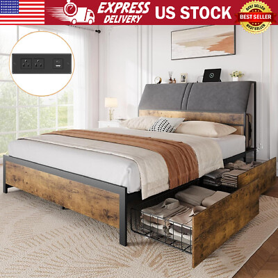 Full Size Bed Frame Ergonomic Storage Headboard w/Charging Station & 4 Drawers