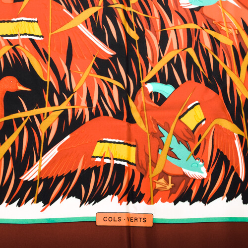 HERMES Scarf Carre90 Silk COLS VERTS Duck Bird Shawl Red Brown