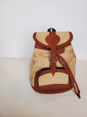 GUATEMALAN NATIVE BEIGE HUIPIL AND LEATHER BACKPACK ORIGINAL 