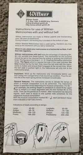 Instruction for use of Wittner Metronomes  with and without bell Sheet Manual