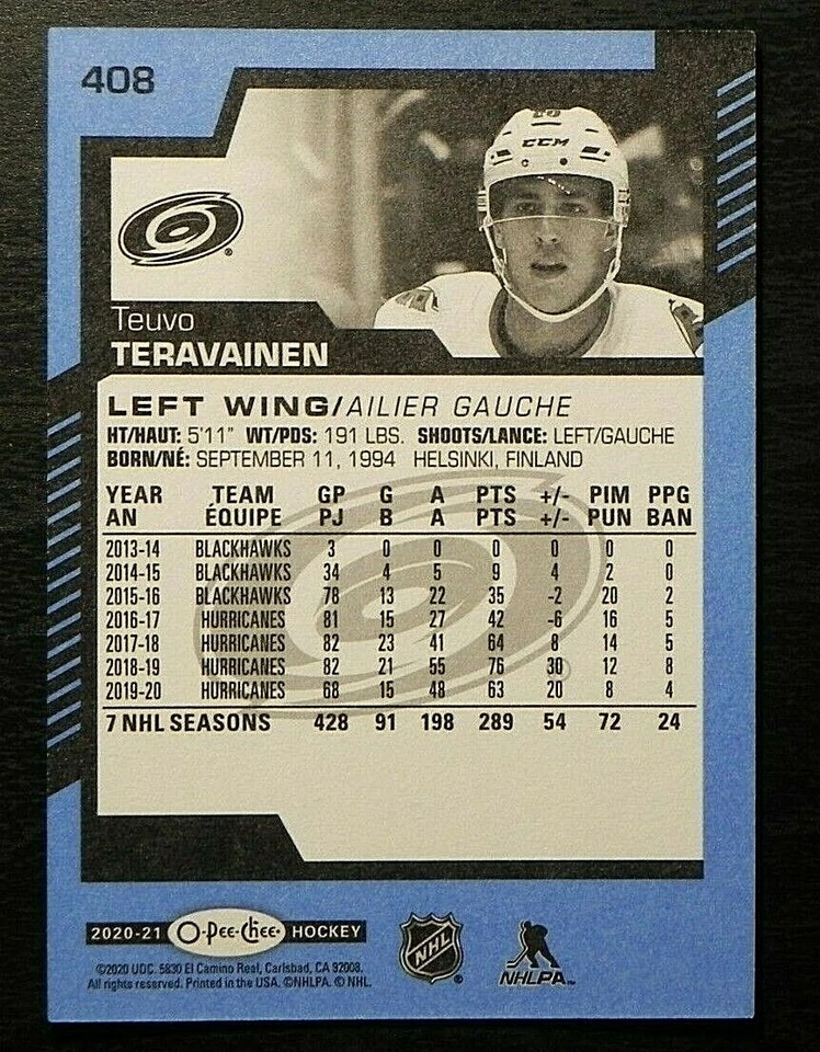 2020-21 20/21 O-Pee-Chee BLUE BORDER #408 Teuvo Teravainen Carolina Hurricanes - Image 2 of 2