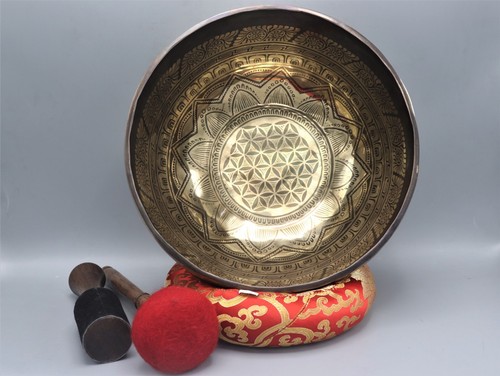 🌟15-inch Golden & Brown Colored Flower of Life Embroidered Carved Singing Bowl - Picture 3 of 6