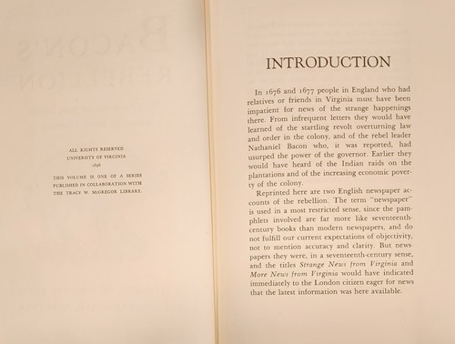BACON’S REBELLION THE CONTEMPORARY NEWS SHEETS - 1956 1st ed. - Foto 4 di 4