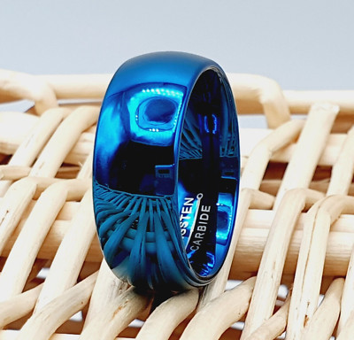 Comfort Ring His & Hers Blue Tungsten Wedding Band, Dome Shape High Polish Rings