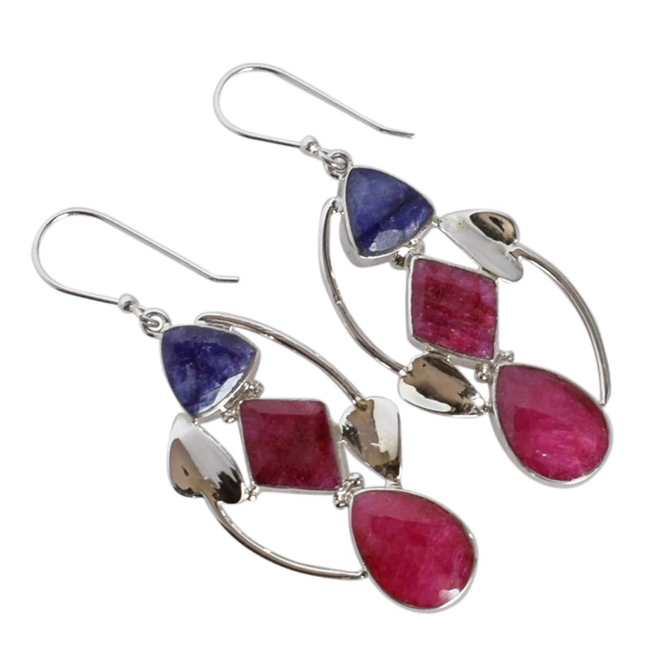 Lab Created Ruby Sapphire Gemstone Dangle Earrings 925 Sterling Silver Jewelry - Image 2 of 4