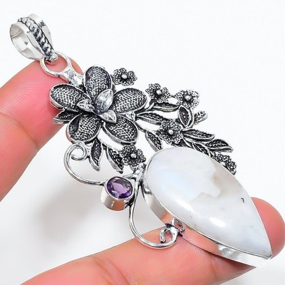 Regenbogen Mondstein, Amethyst Edelstein Unikat 925 Sterling Silber Anhänger 3,23'' t3