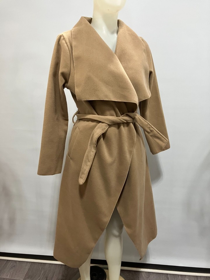 Camel Beige Soft Polyester Wrap Coat Size S/M Belted Waterfall Collar Mobwife