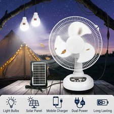 Solar Powered Fan 12 Inch with 2 Bulbs 6V 4.5Ah Battery for Outdoor Tent Garage
