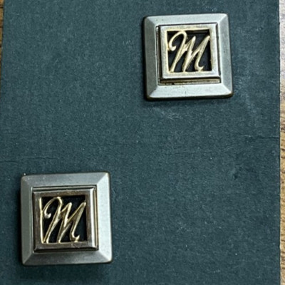 Vintage SWANK Script Initial Letter M Cufflinks Two Tone Metal .75  Square