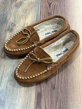 Minnetonka Moccasins Womens 7 Leather/Faux Fur Lined Hardsole Brown Tan Suede