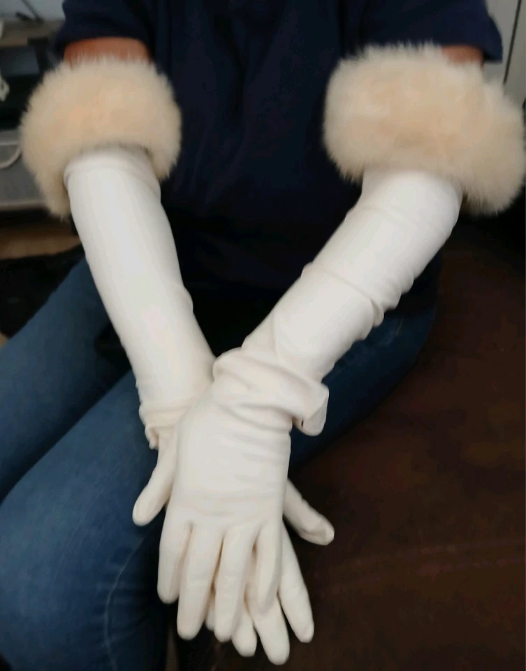 27英寸长白色儿童皮革歌剧手套白色貂皮袖口7.5优雅婚礼 — 第 2/4 张图片