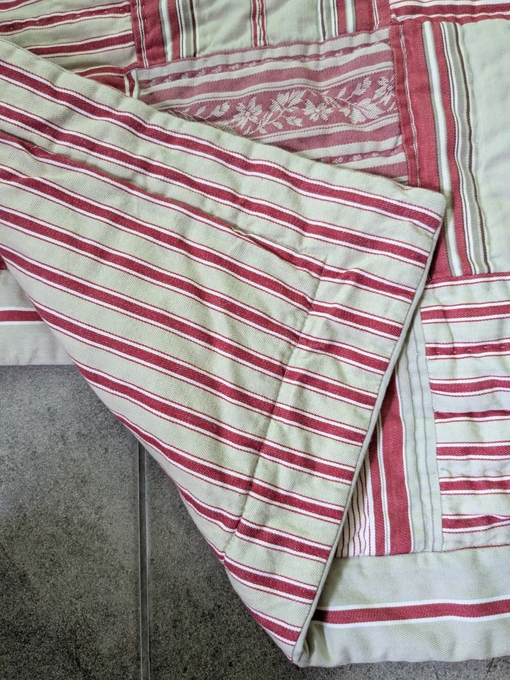 Pottery Barn Quilted Patchwork Ticking Stripe Std Sham PAIR Red Beige Farmhouse  - Image 3 of 4
